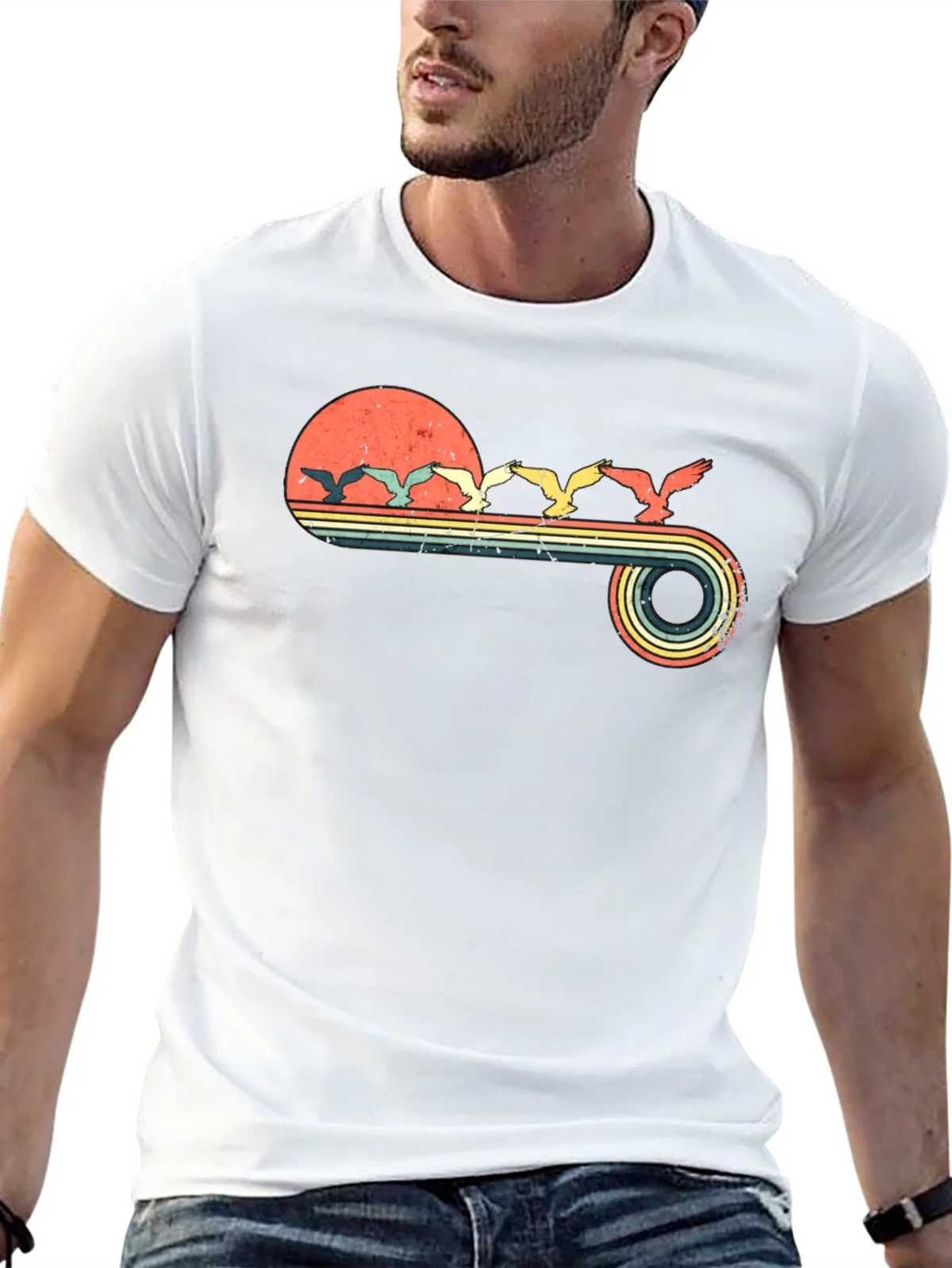 Retro Sunset Birds Graphic Tee - Black product image 12