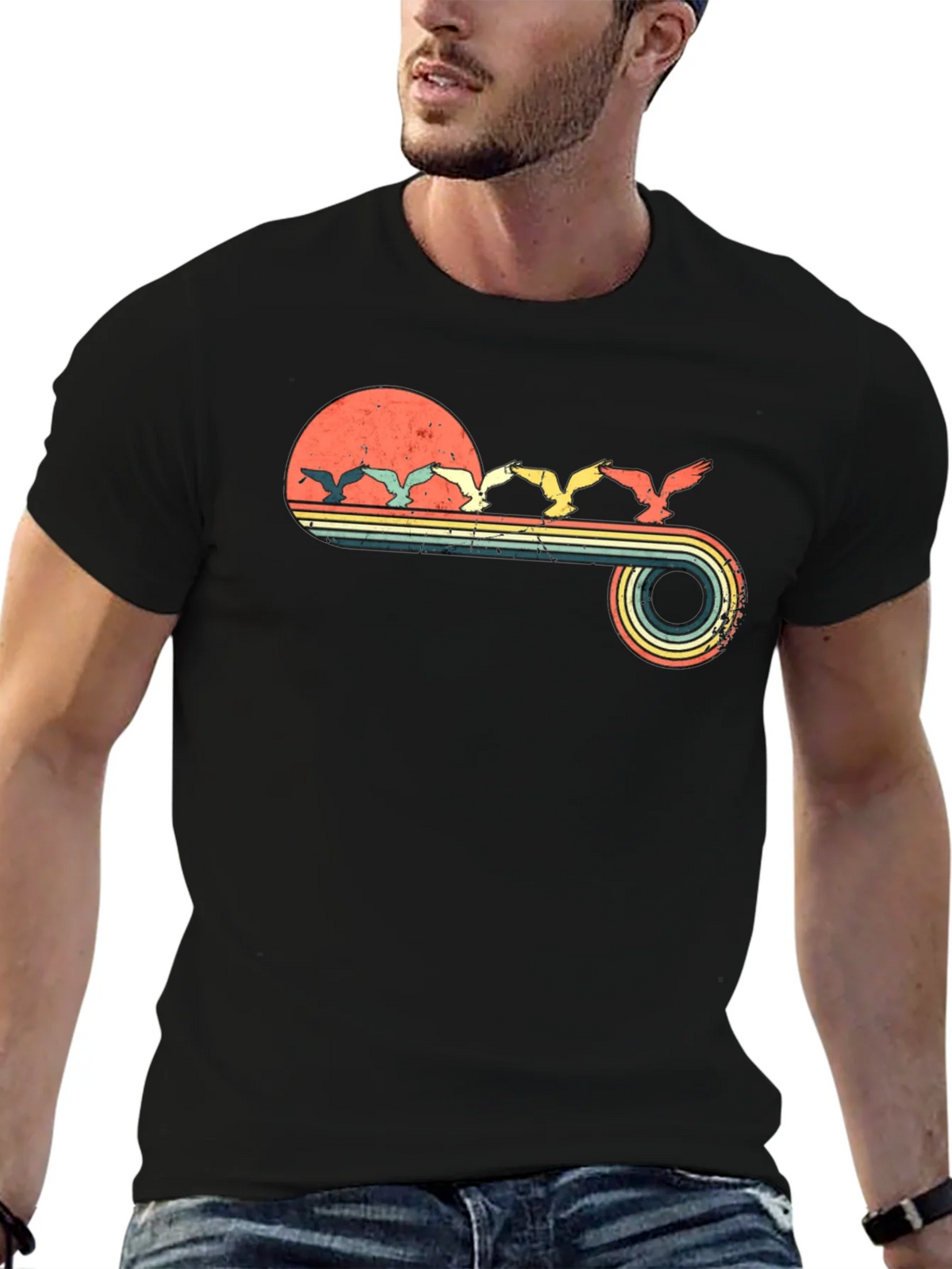 Retro Sunset Birds Graphic Tee - Black product image 6