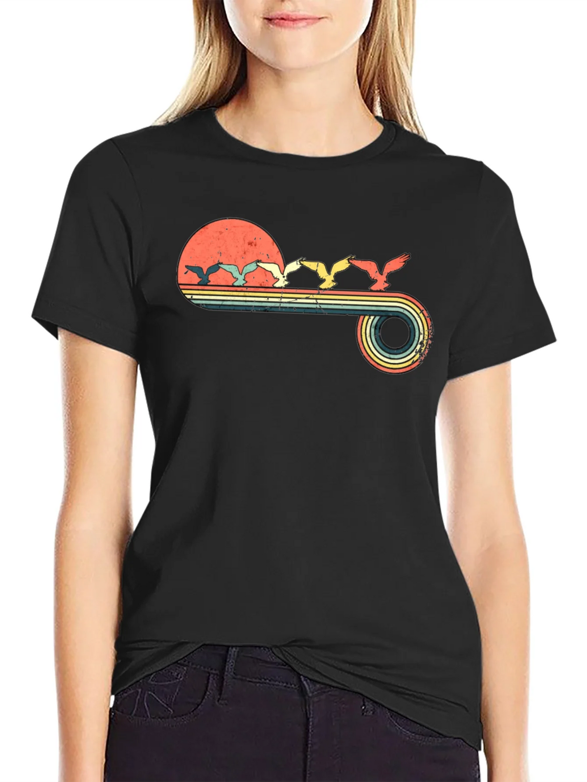 Retro Sunset Birds Graphic Tee - Black product image 2