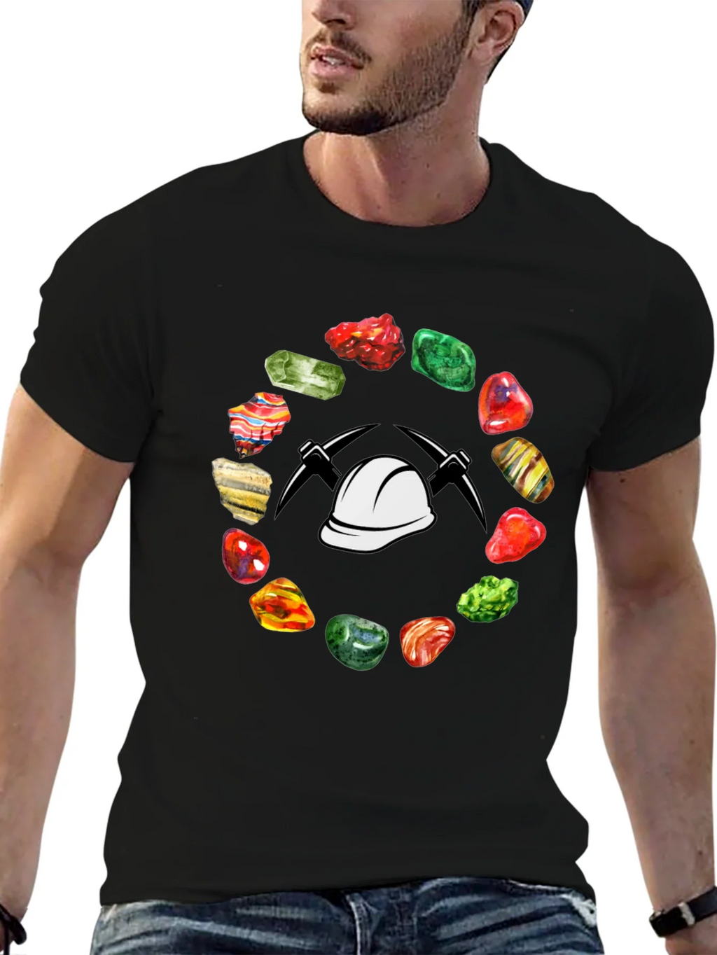 Miner T-Shirt: Gemstone Circle with Hard Hat & Pickaxes