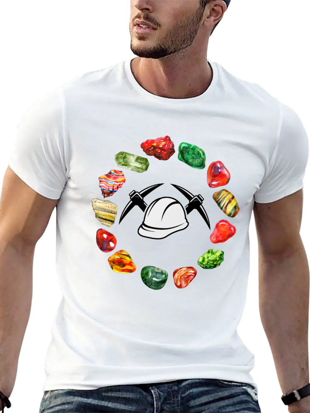 Miner T-Shirt: Gemstone Circle with Hard Hat & Pickaxes