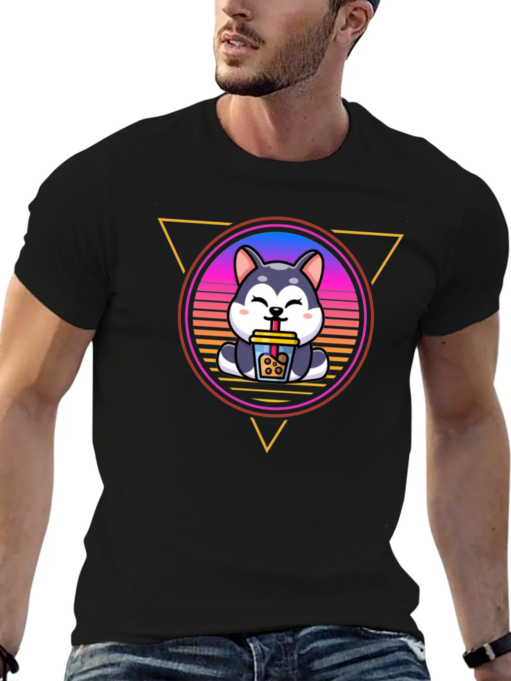 Cute Husky Boba Tea Graphic Black T-Shirt product image 2