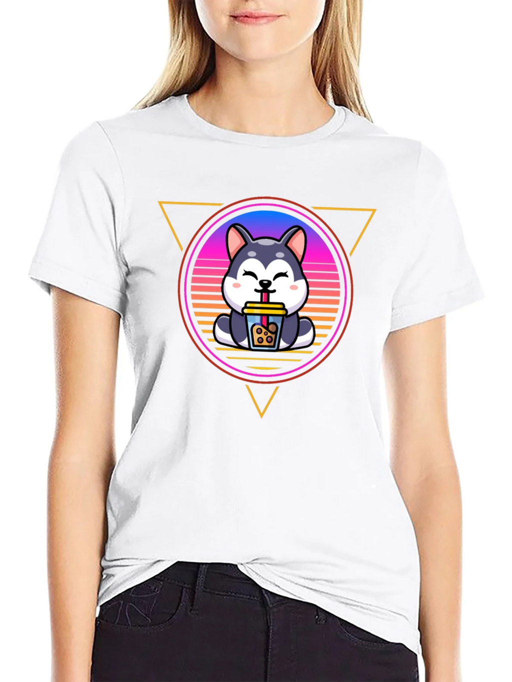Cute Husky Boba Tea Graphic Black T-Shirt product image 3