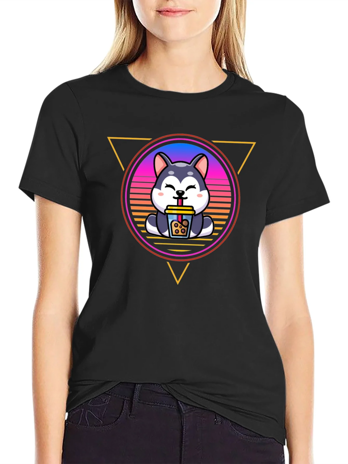 Cute Husky Boba Tea Graphic Black T-Shirt product image 1