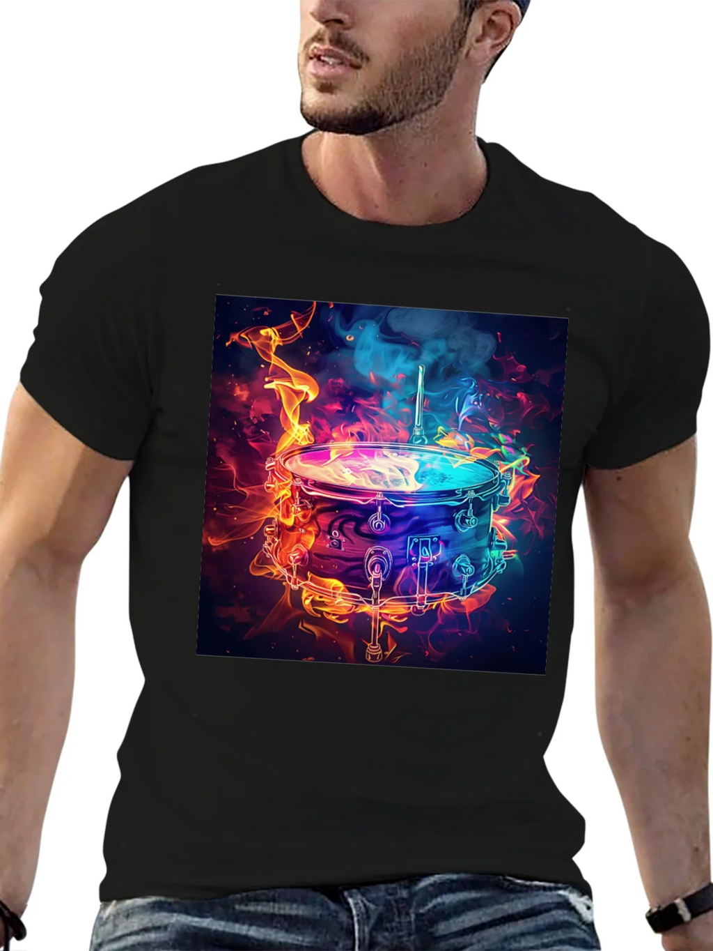 Flaming Drum Graphic Tee - Black Cotton T-Shirt product image 4