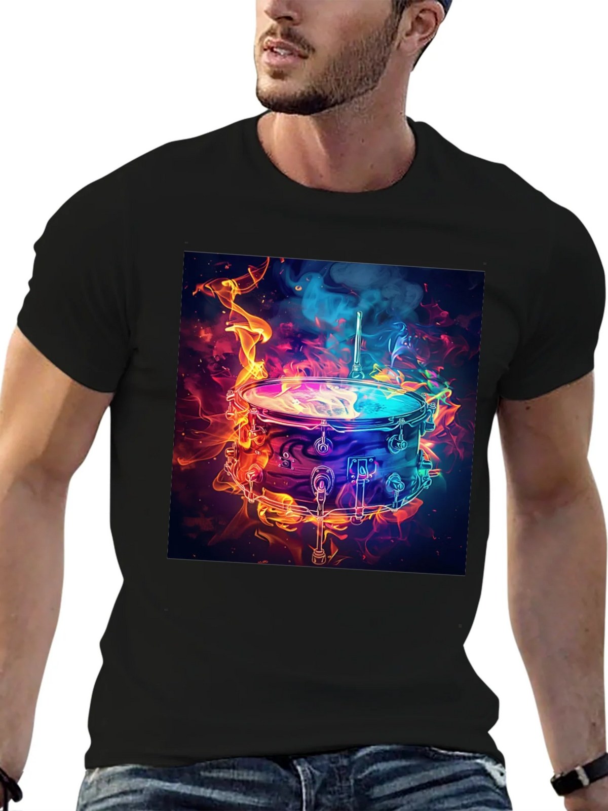 Flaming Drum Graphic Tee - Black Cotton T-Shirt product image 4