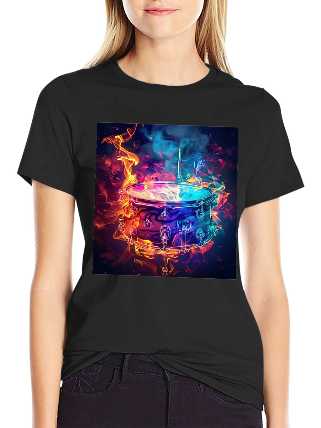 Flaming Drum Graphic Tee - Black Cotton T-Shirt product image 1