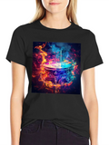 Flaming Drum Graphic Tee - Black Cotton T-Shirt product image 1