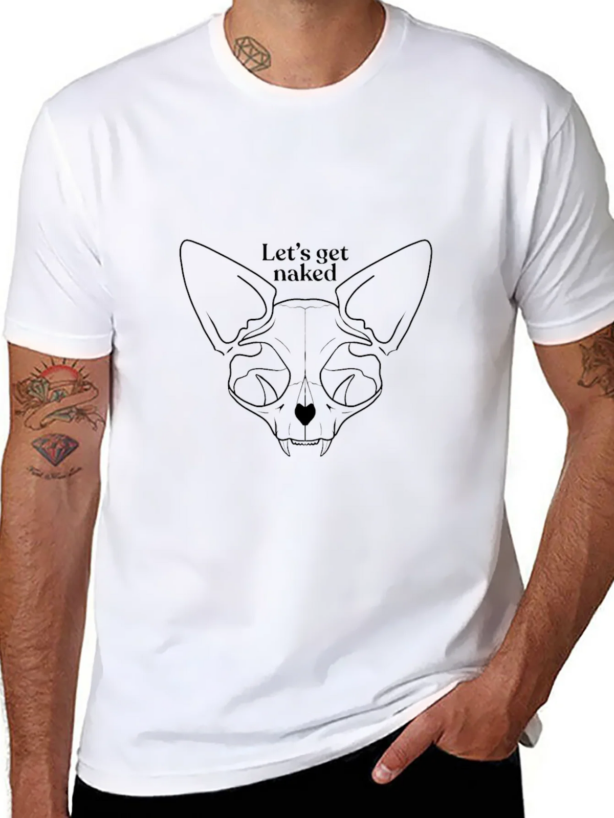 Cat Skull Lets Get Naked Black T-Shirt product image 6
