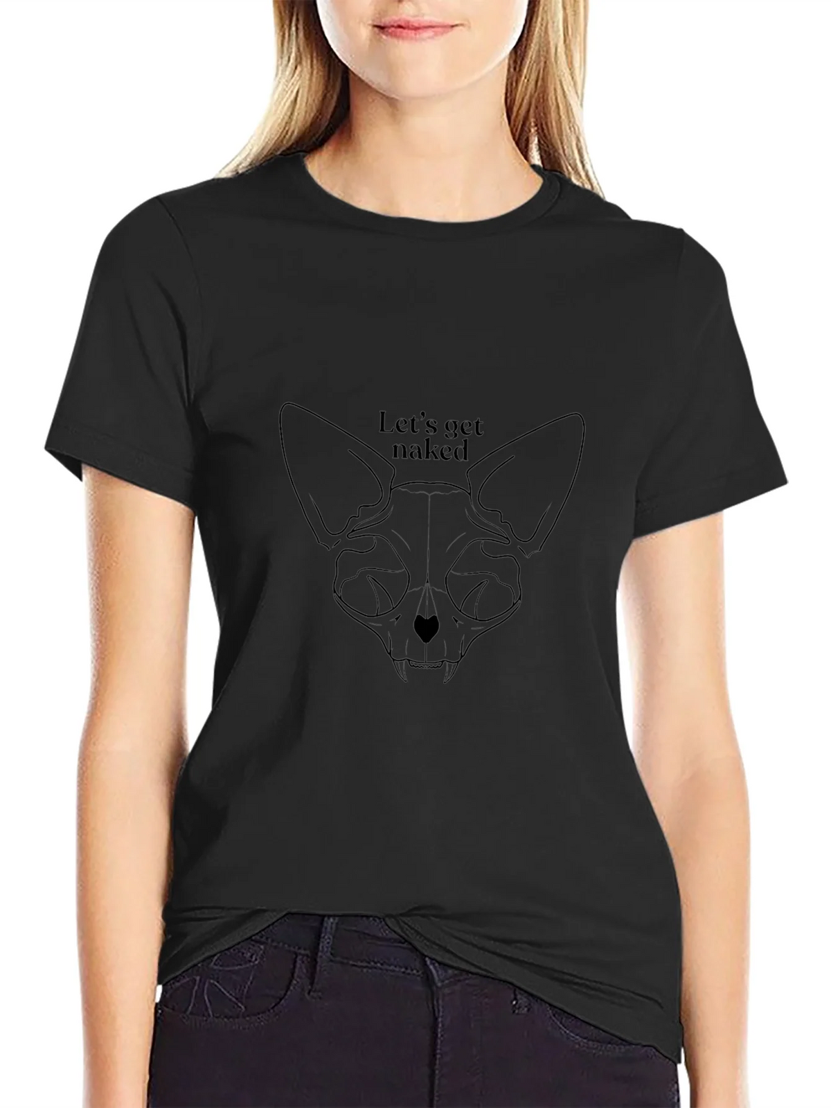 Cat Skull Lets Get Naked Black T-Shirt product image 1