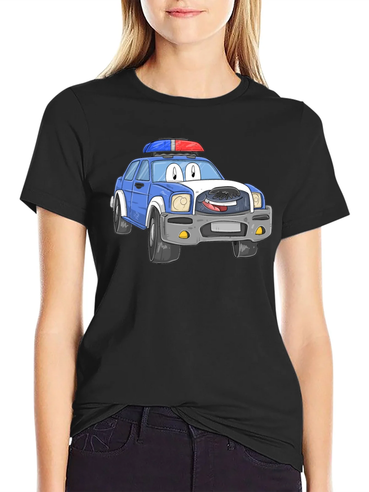 Cartoon Police Car T-Shirt - Black Cotton Blend product image 2