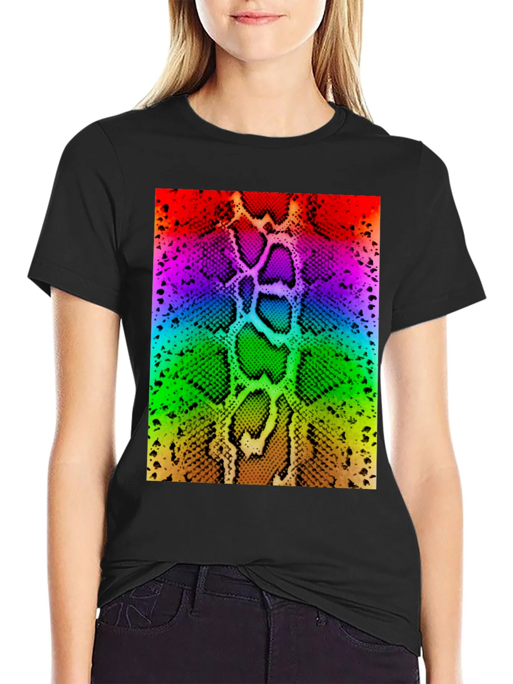 Rainbow Snake Skin Print Black T-Shirt product image 1