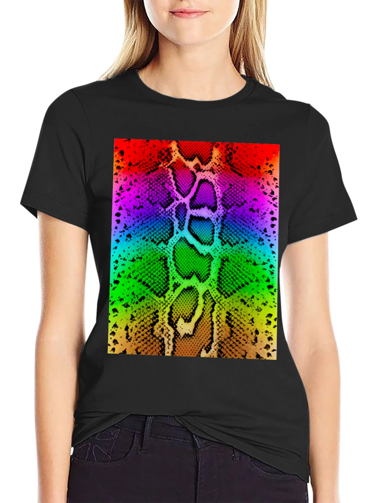 Rainbow Snake Skin Print Black T-Shirt product image 1