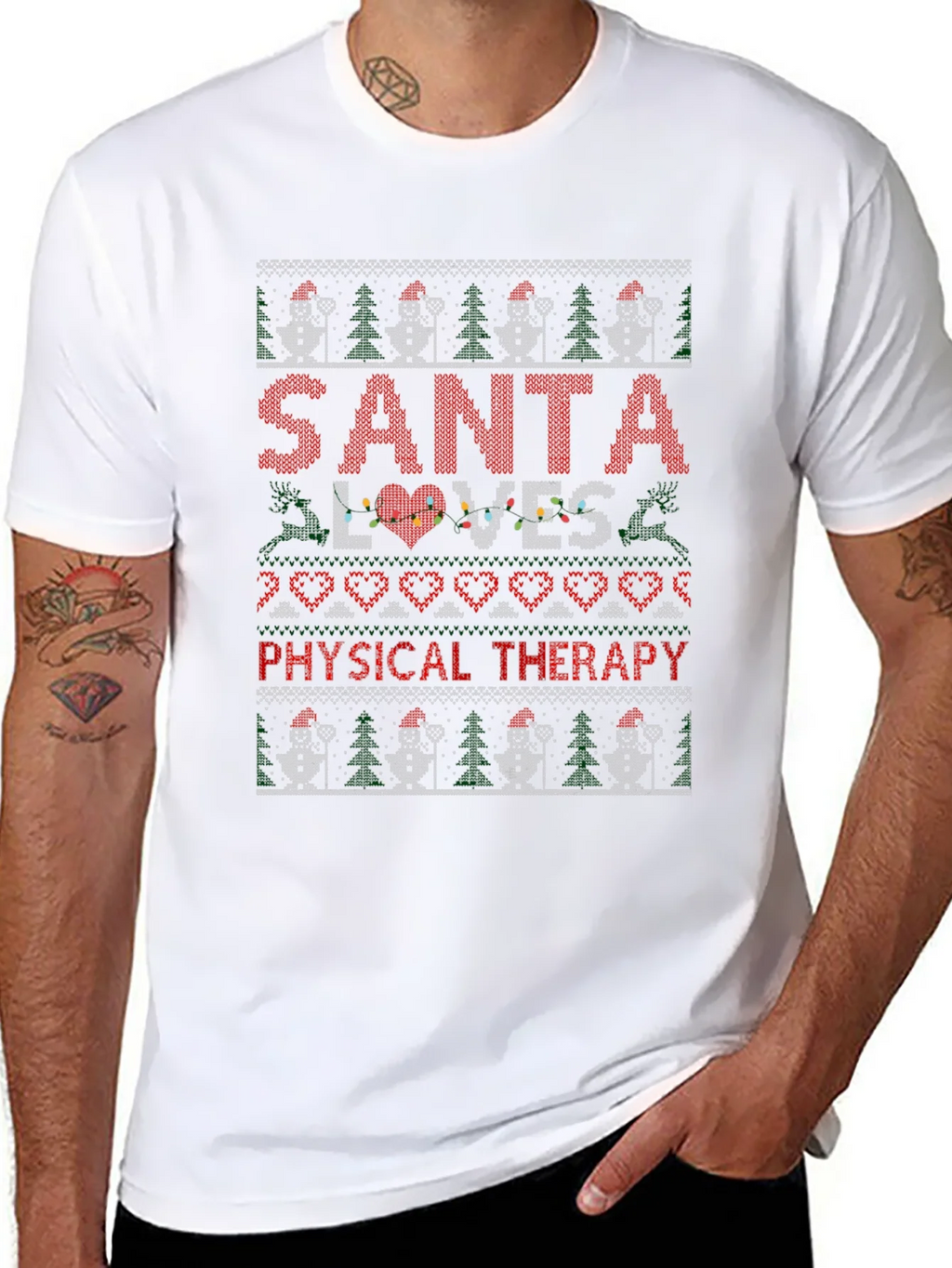 Santa Loves Physical Therapy Christmas Ugly T-Shirt product image 2