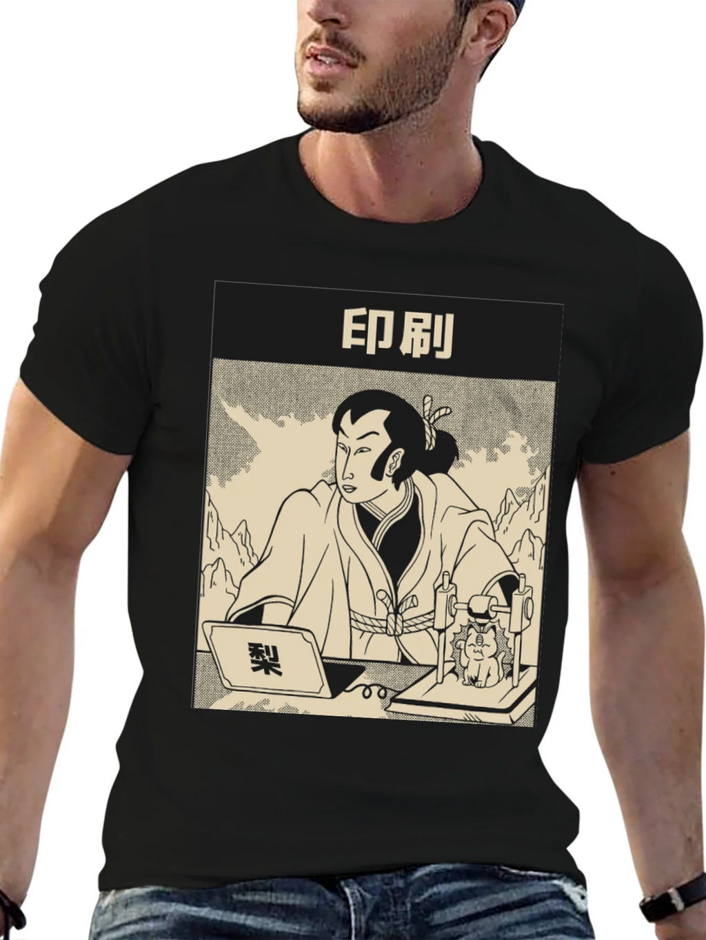 Samurai Cat Print Black T-Shirt product image 6