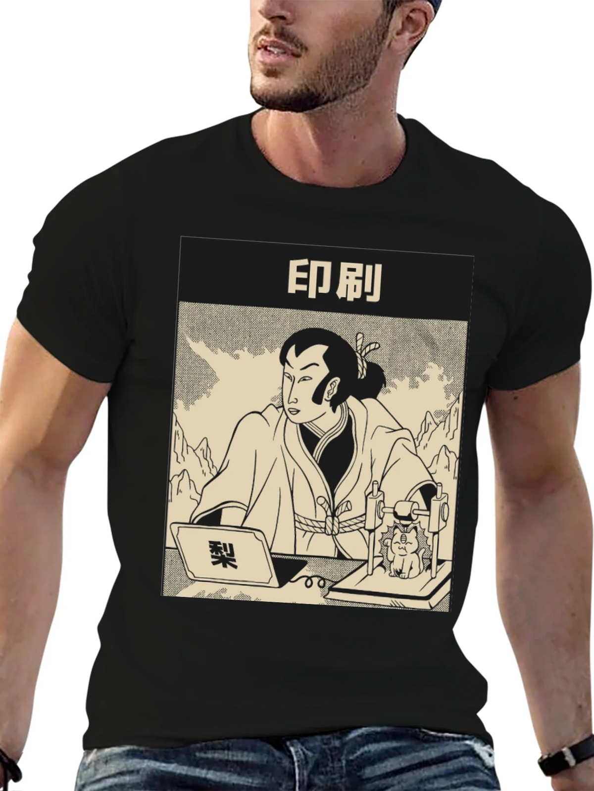 Samurai Cat Print Black T-Shirt product image 6