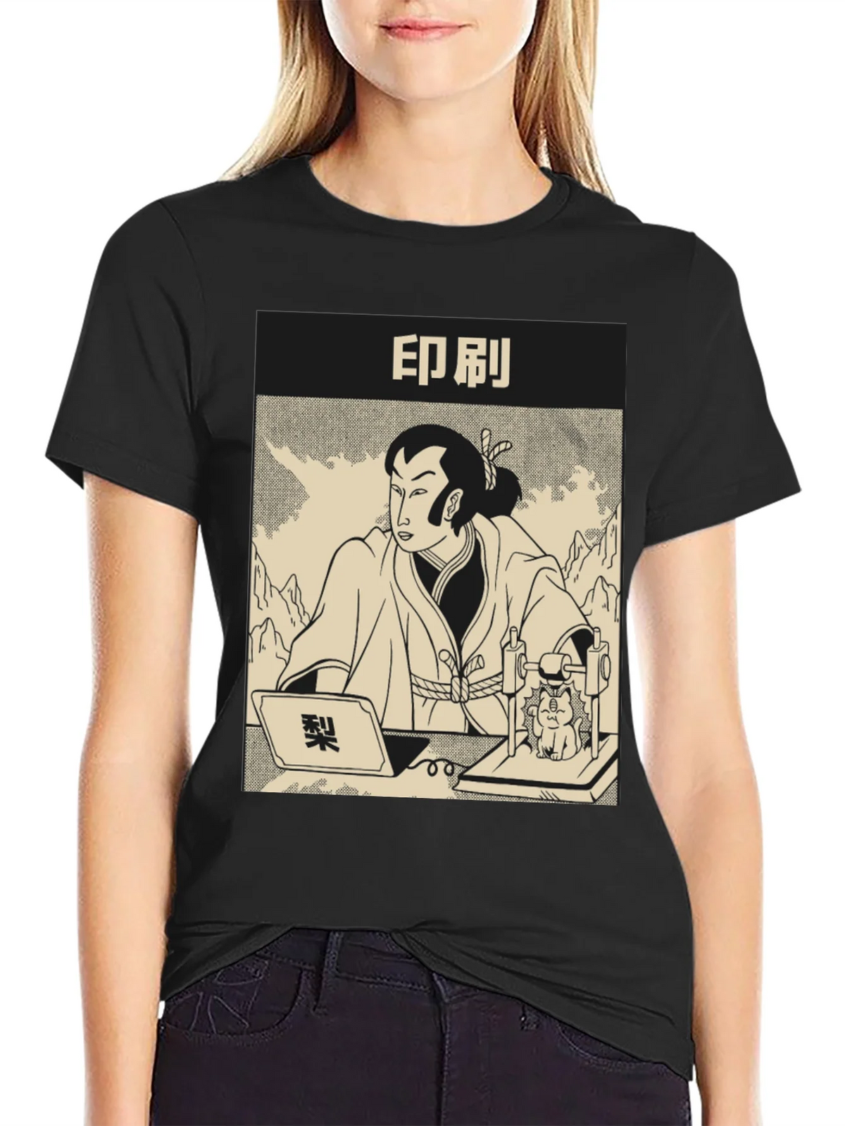 Samurai Cat Print Black T-Shirt product image 2