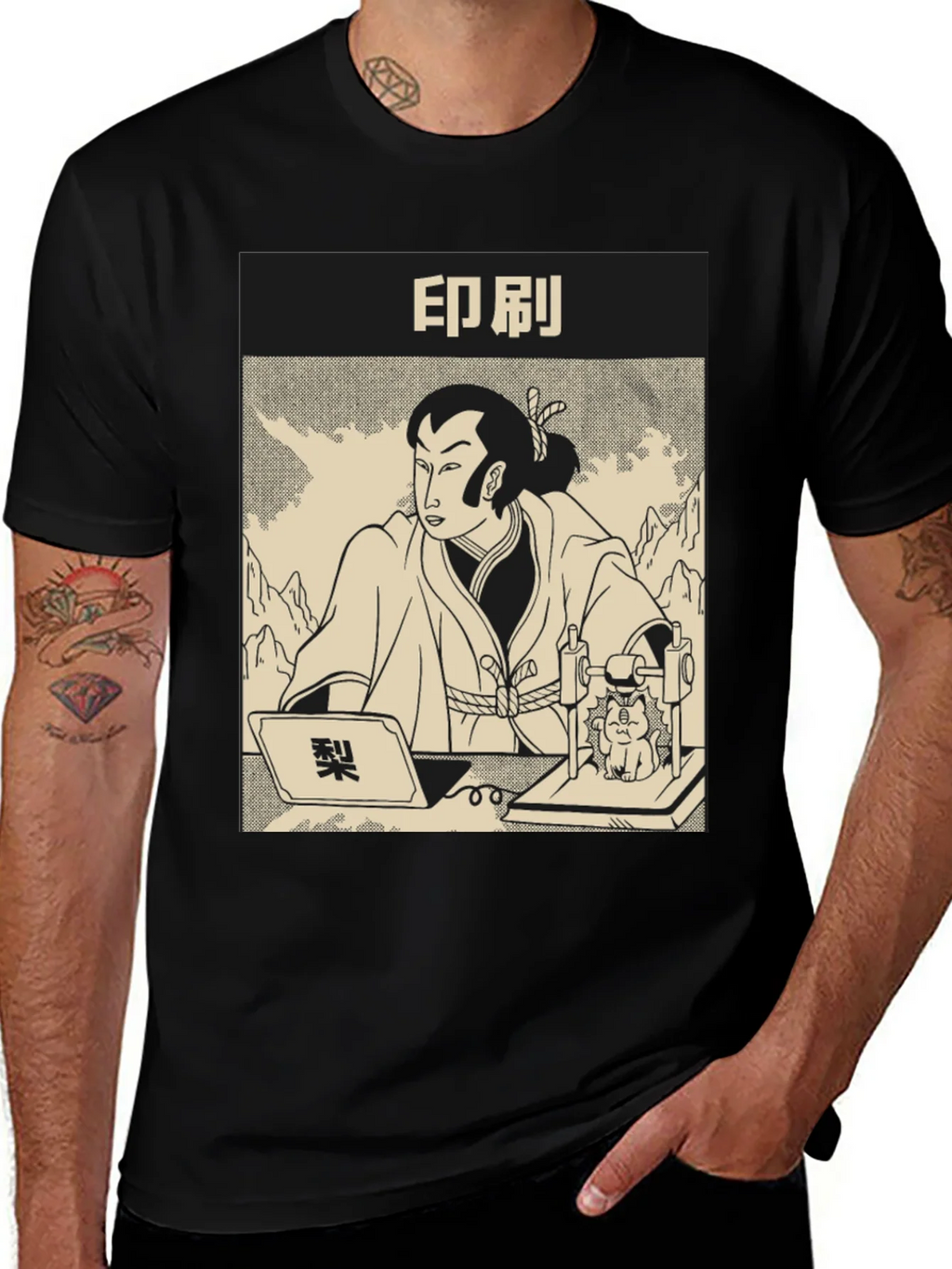 Samurai Cat Print Black T-Shirt product image 1