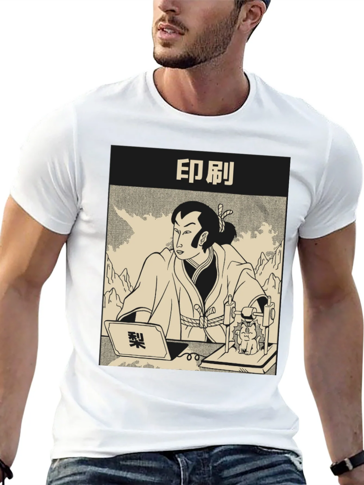 Samurai Cat Print Black T-Shirt product image 12