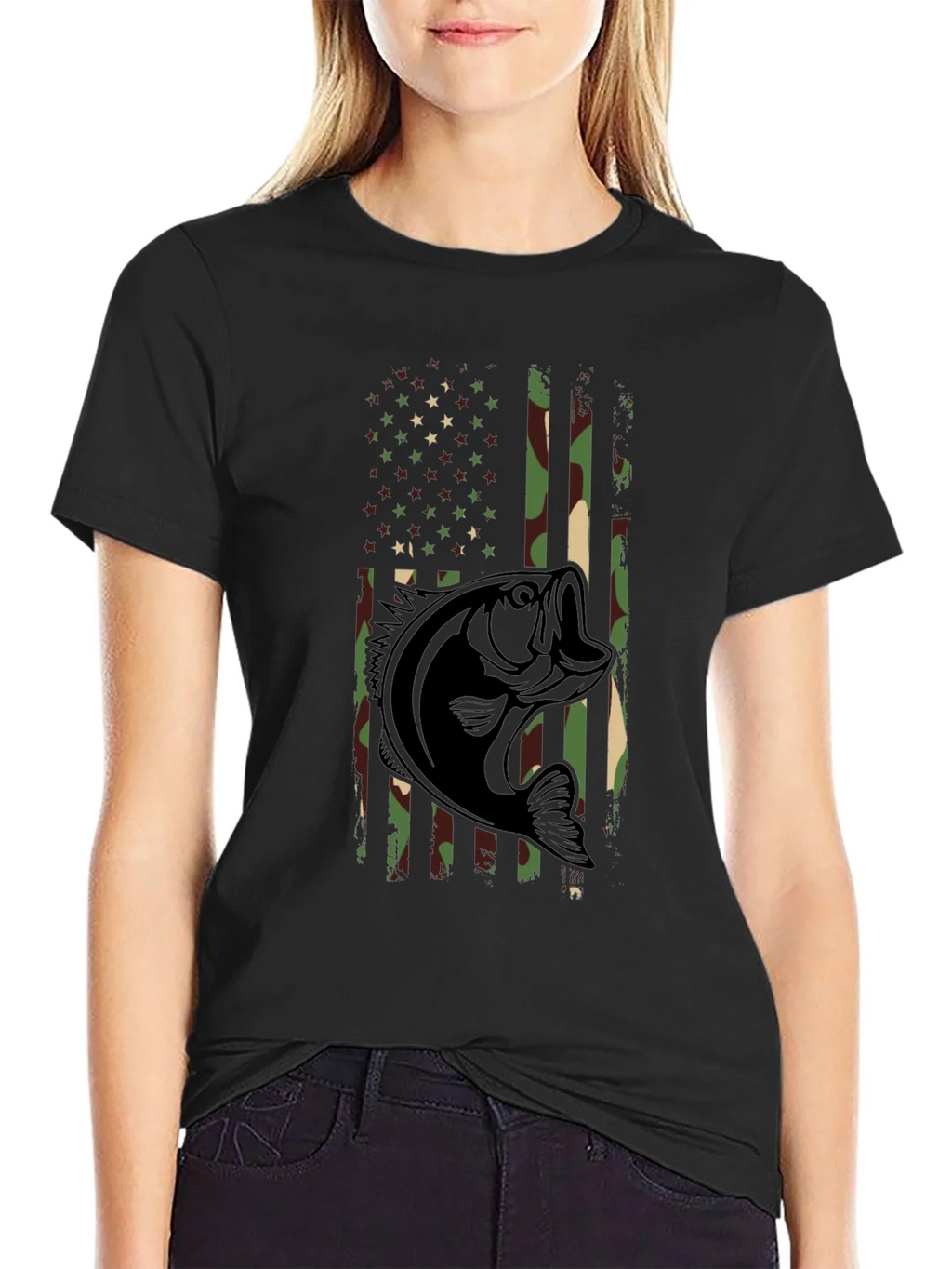 Camouflage American Flag Bass Fishing T-Shirt product image 2