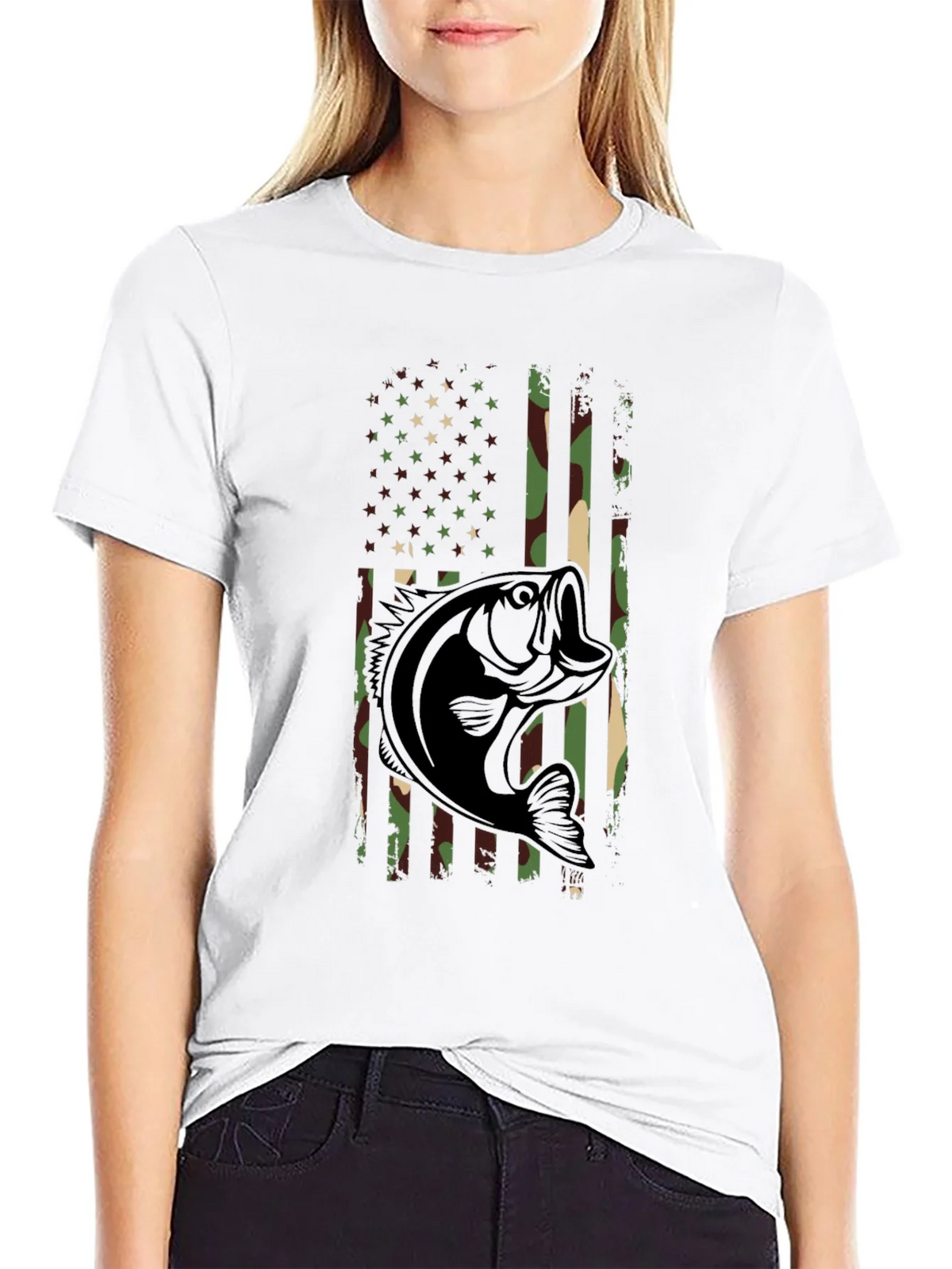 Camouflage American Flag Bass Fishing T-Shirt product image 8