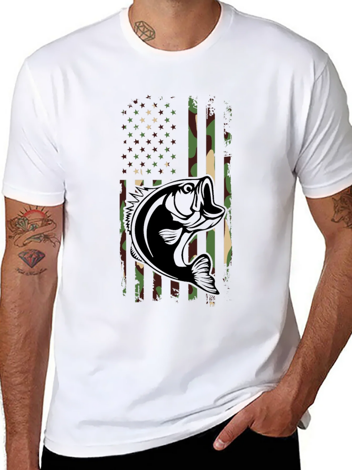 Camouflage American Flag Bass Fishing T-Shirt product image 7