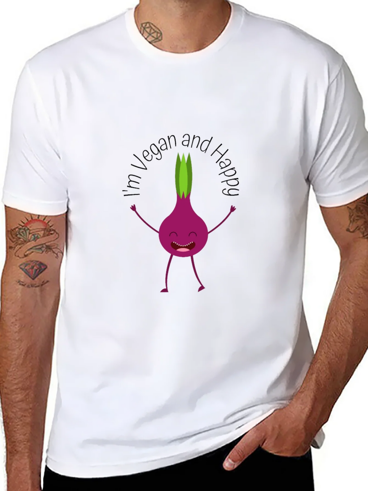 Vegan & Happy T-Shirt - Funny Onion Cartoon Tee product image 7