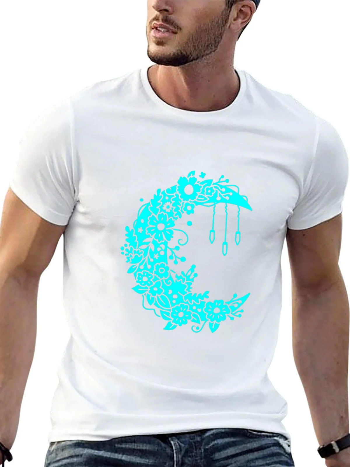 Floral Crescent Moon Black T-Shirt product image 5