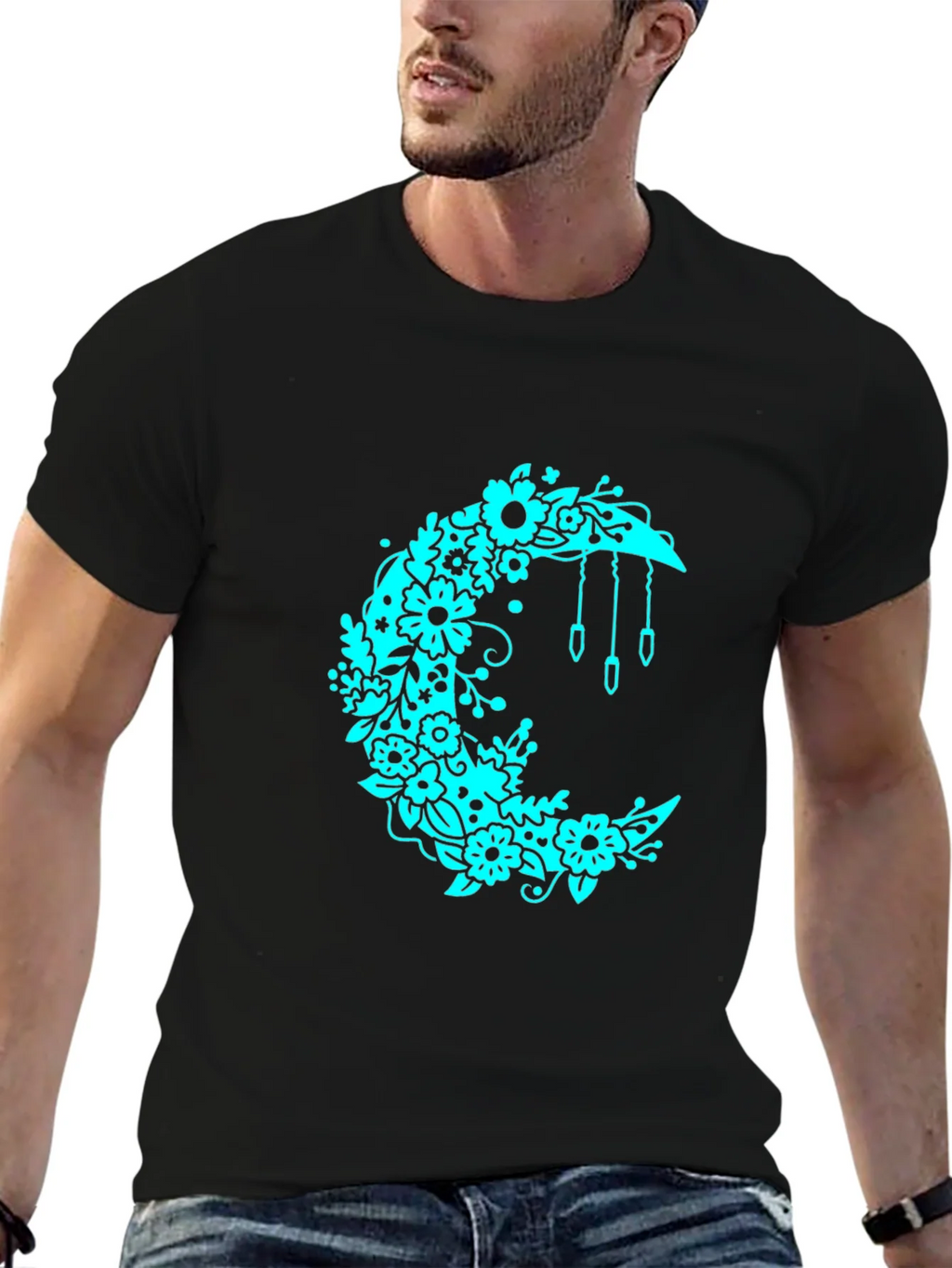 Floral Crescent Moon Black T-Shirt product image 2
