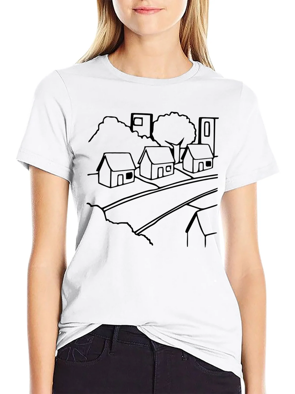 Black T-Shirt with Village Outline Design product image 3