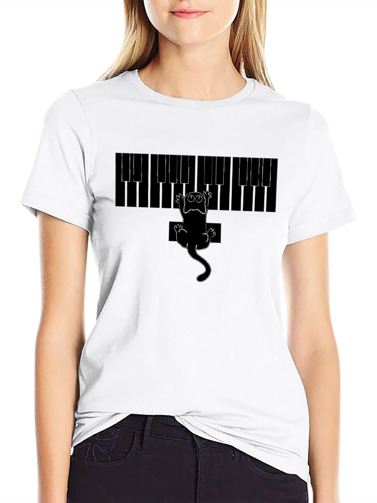 Piano Cat Graphic Tee - Black Cotton T-Shirt product image 8