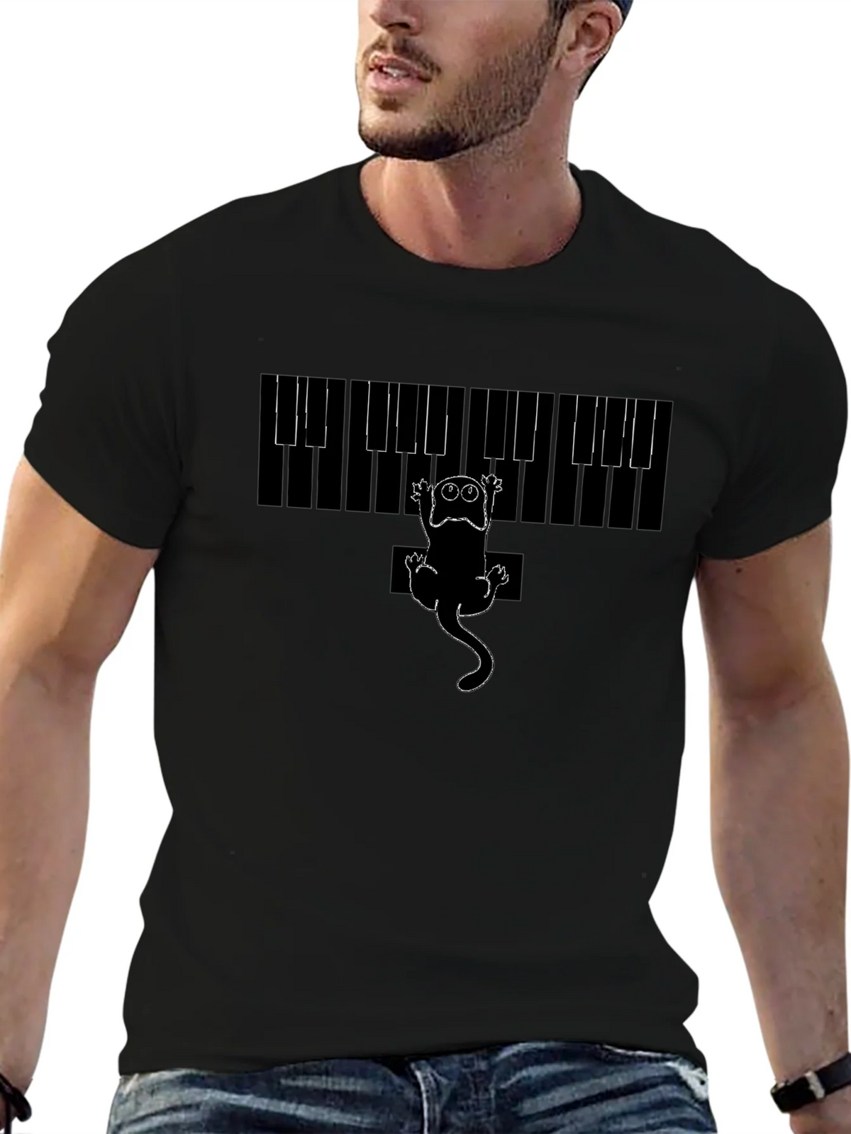Piano Cat Graphic Tee - Black Cotton T-Shirt product image 6