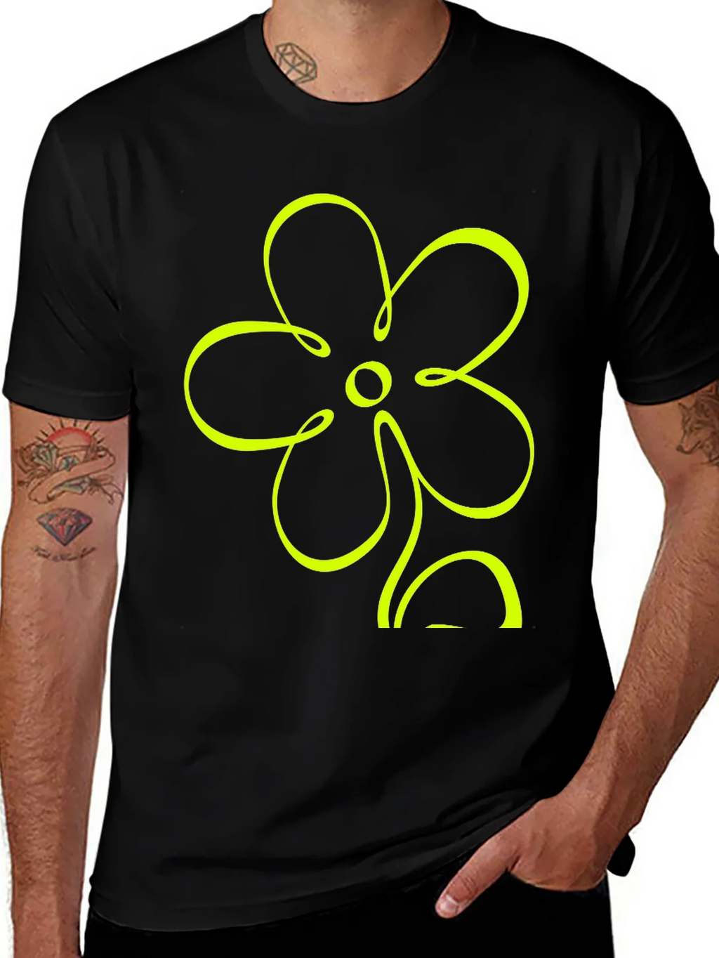 Black T-Shirt with Neon Flower Graphic product image 1