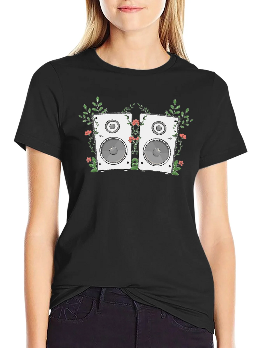 Floral Speaker Graphic Tee - Black Cotton T-Shirt product image 2