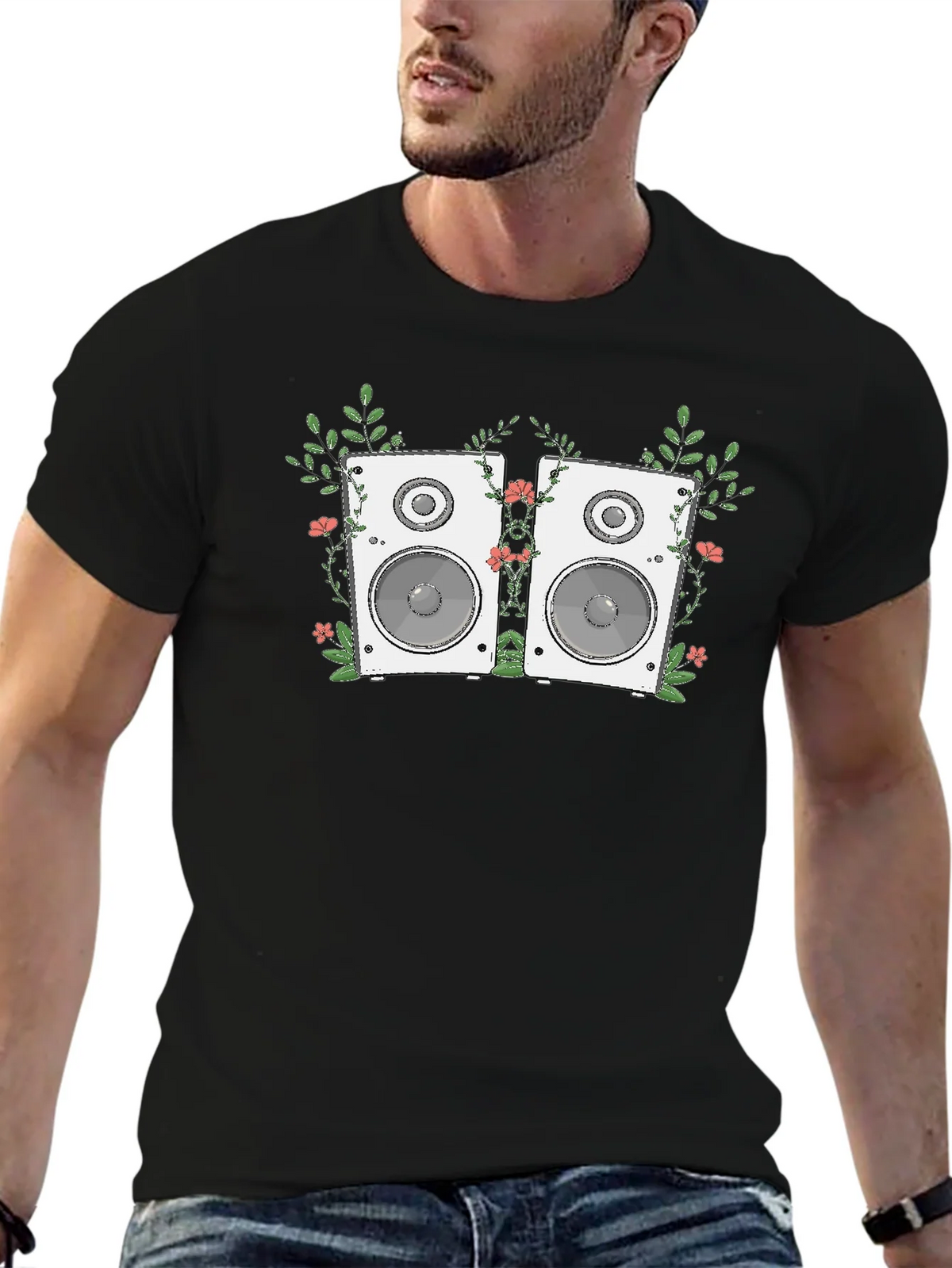 Floral Speaker Graphic Tee - Black Cotton T-Shirt product image 6
