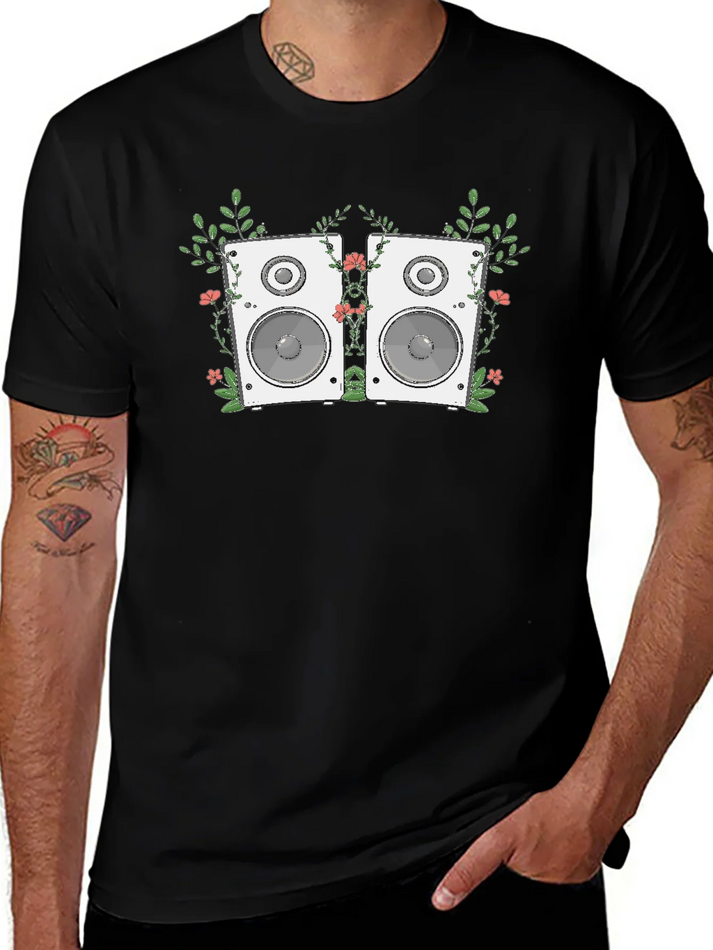 Floral Speaker Graphic Tee - Black Cotton T-Shirt product image 1