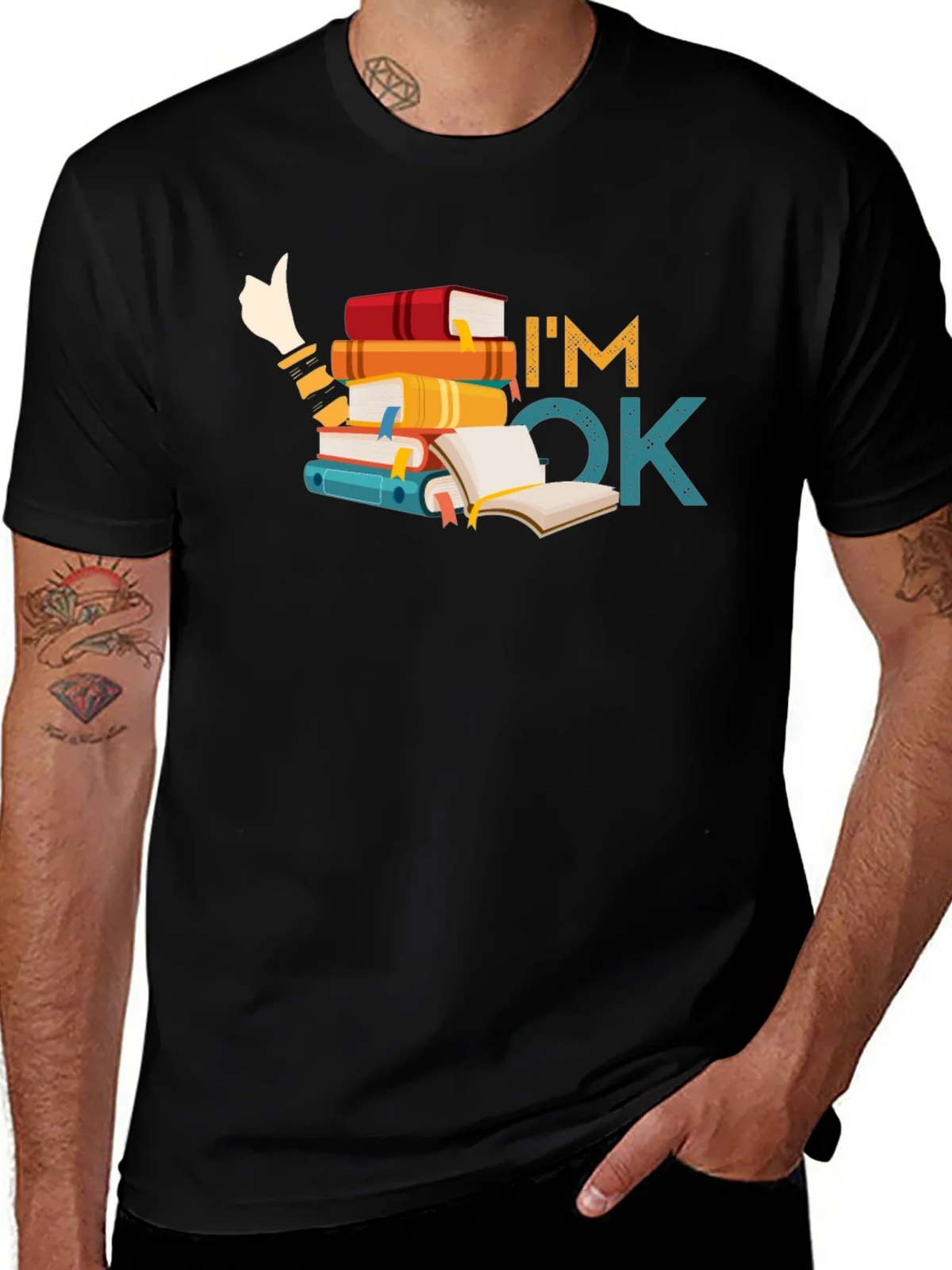 Book Lover T-Shirt: Im OK Stack of Books product image 1