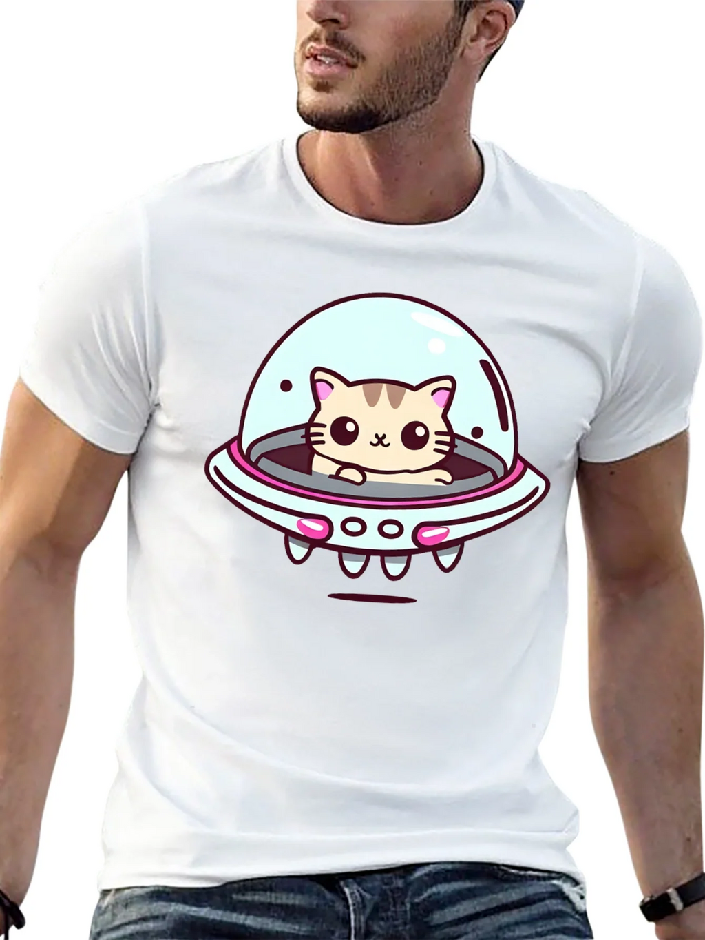 Cute Cat UFO Graphic T-Shirt - Black Cotton Tee product image 11