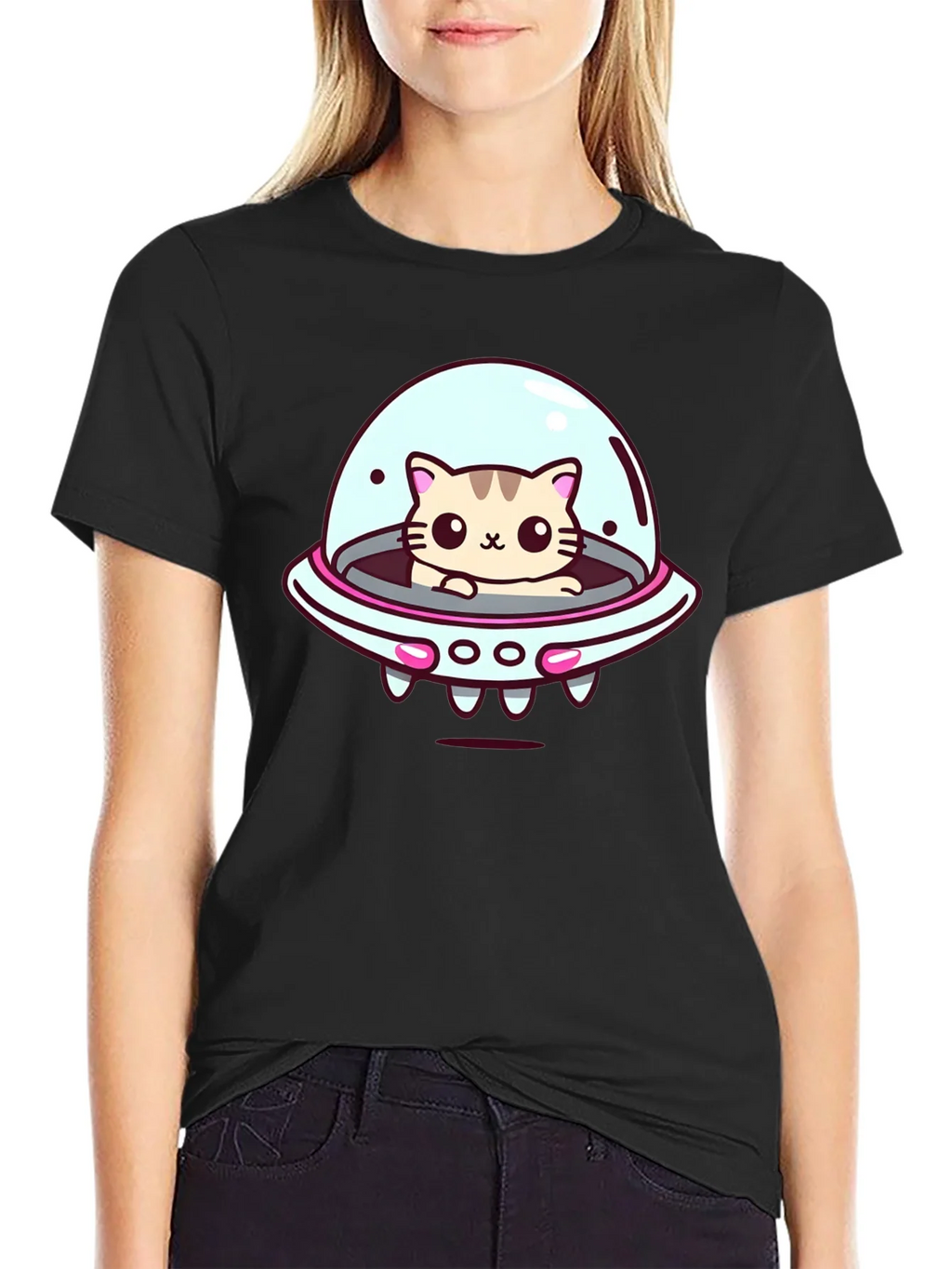 Cute Cat UFO Graphic T-Shirt - Black Cotton Tee product image 2