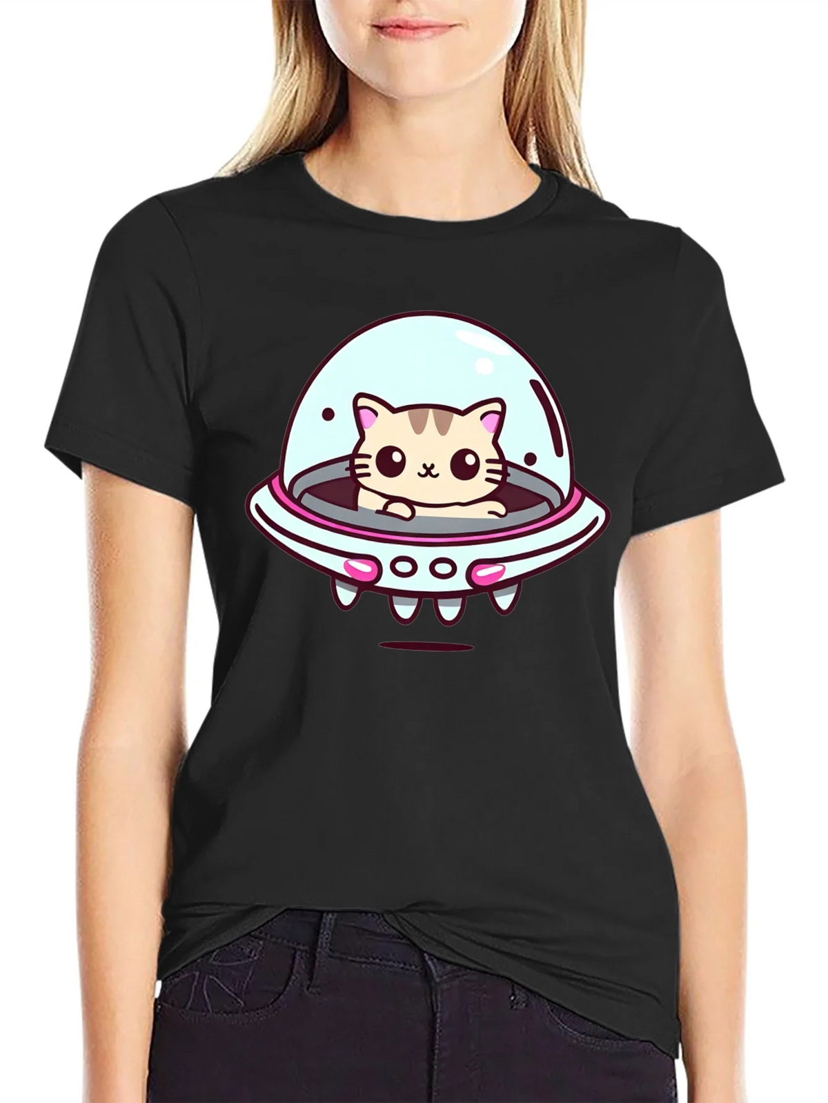 Cute Cat UFO Graphic T-Shirt - Black Cotton Tee product image 2