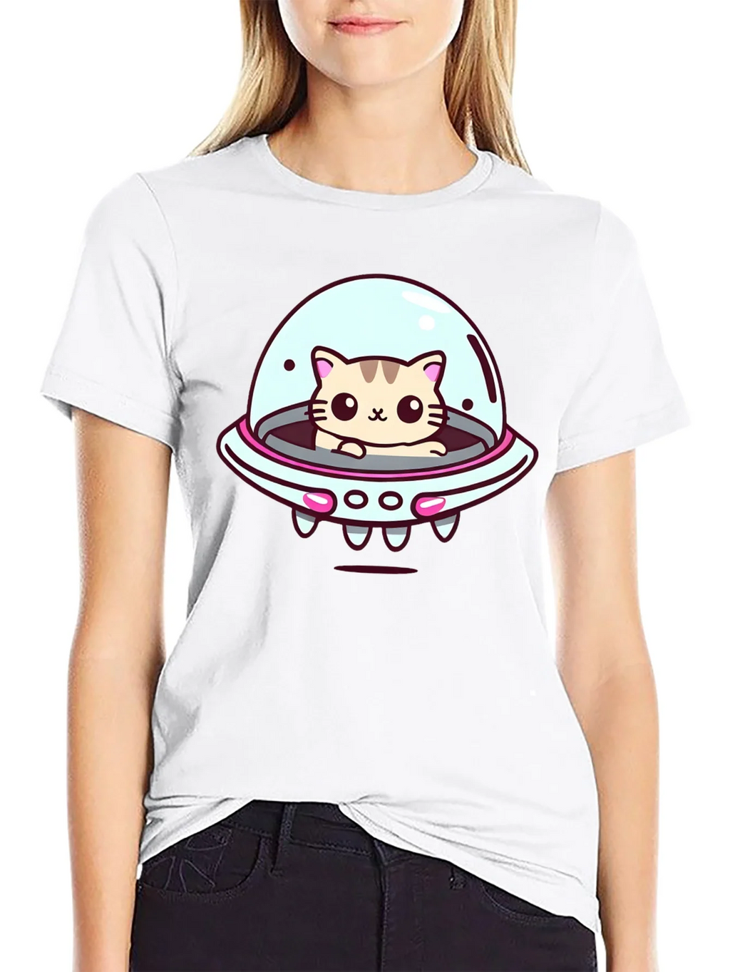 Cute Cat UFO Graphic T-Shirt - Black Cotton Tee product image 7