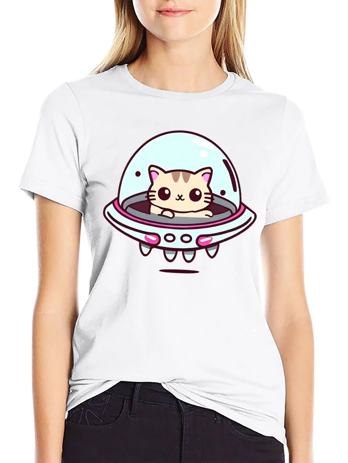 Cute Cat UFO Graphic T-Shirt - Black Cotton Tee product image 7