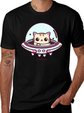 Cute Cat UFO Graphic T-Shirt - Black Cotton Tee product image 1