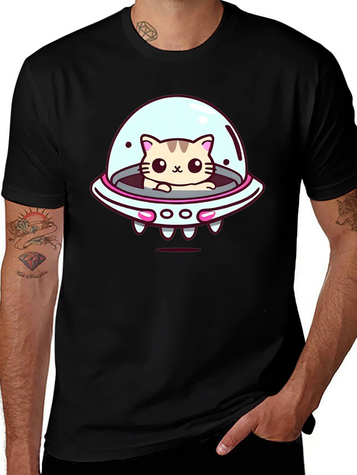 Cute Cat UFO Graphic T-Shirt - Black Cotton Tee product image 1