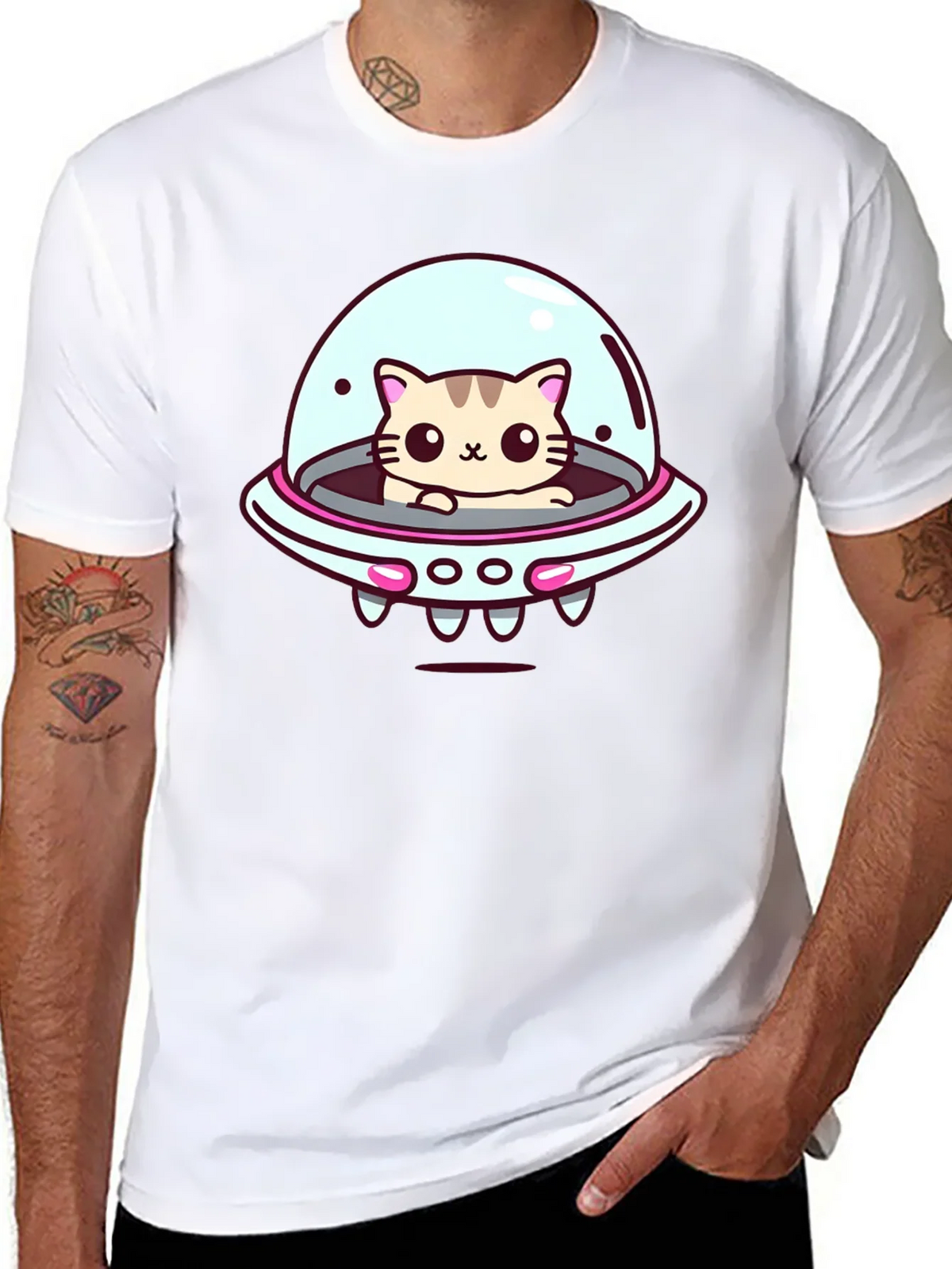 Cute Cat UFO Graphic T-Shirt - Black Cotton Tee product image 6