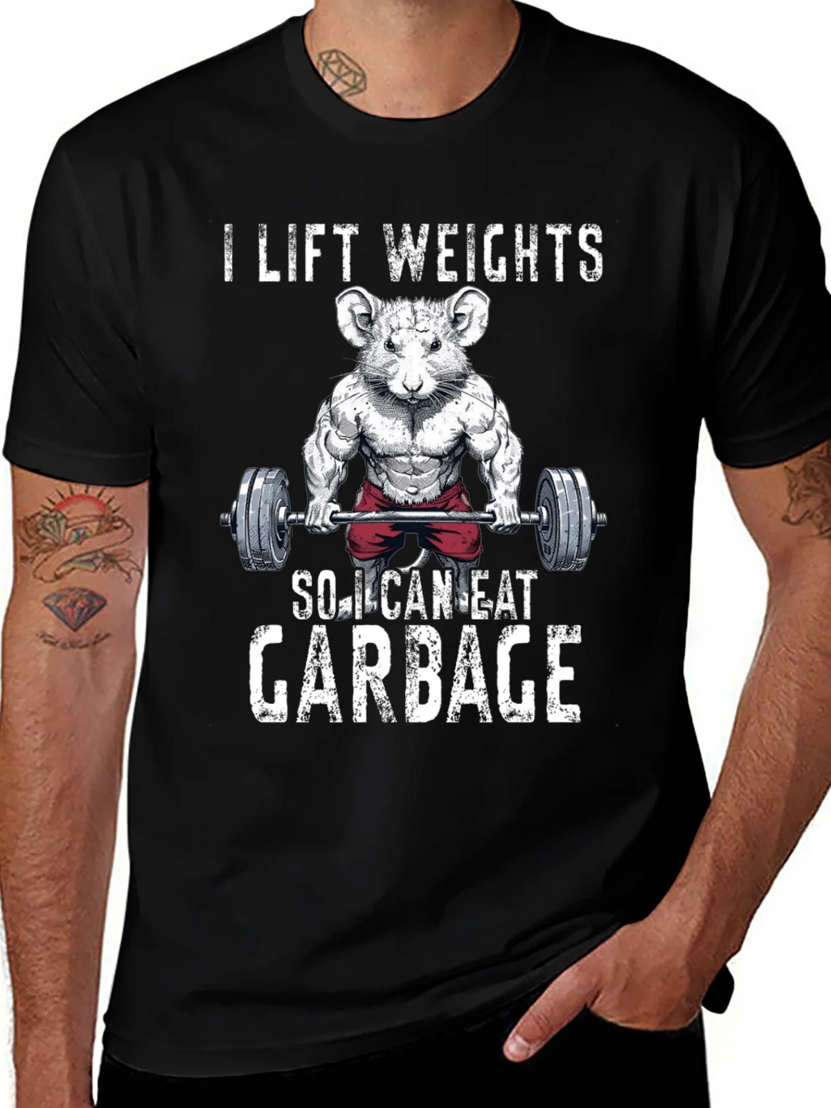 Funny Gym Rat T-Shirt - I Lift Weights To Eat Garbage product image 1