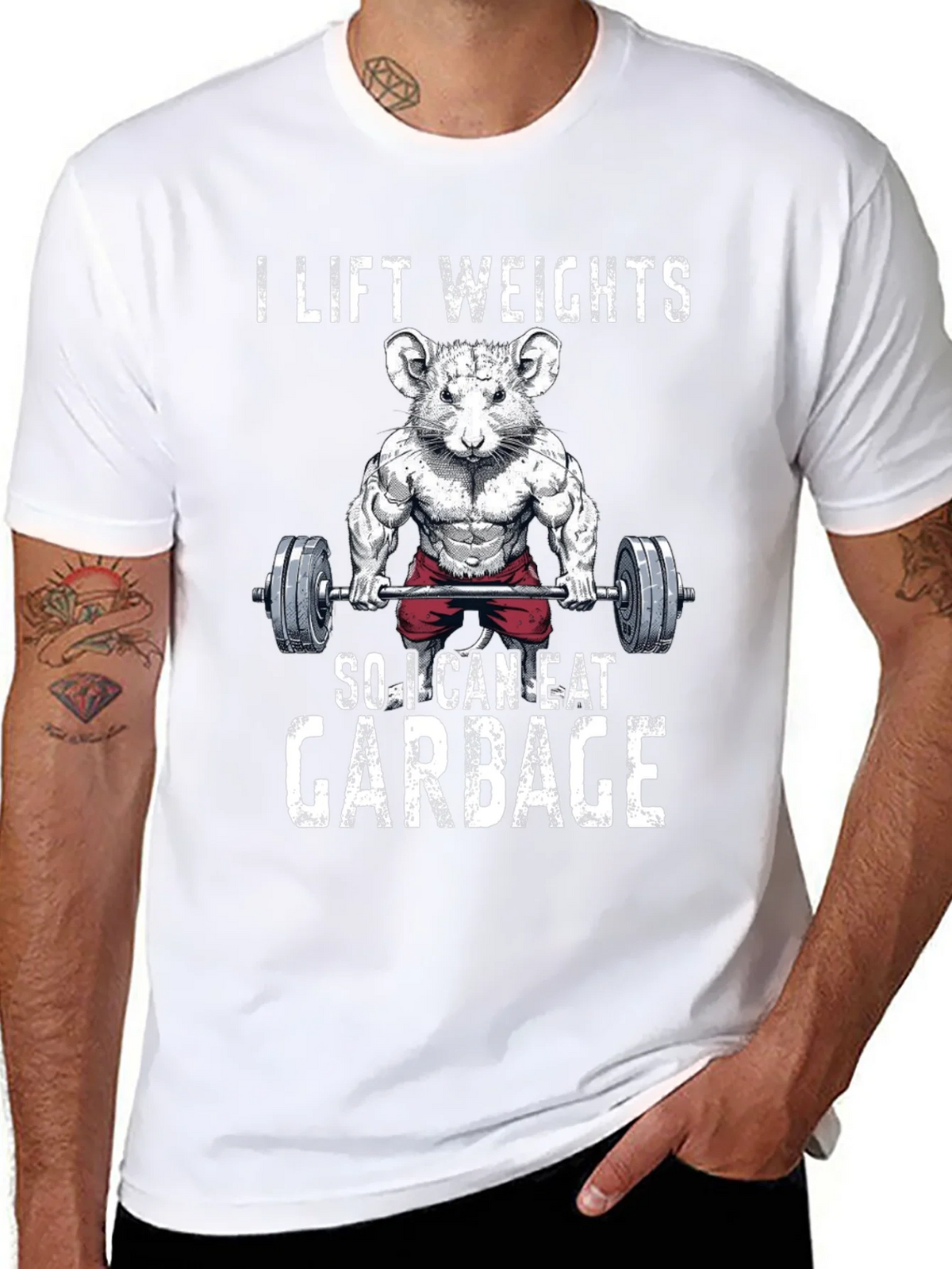 Funny Gym Rat T-Shirt - I Lift Weights To Eat Garbage product image 3