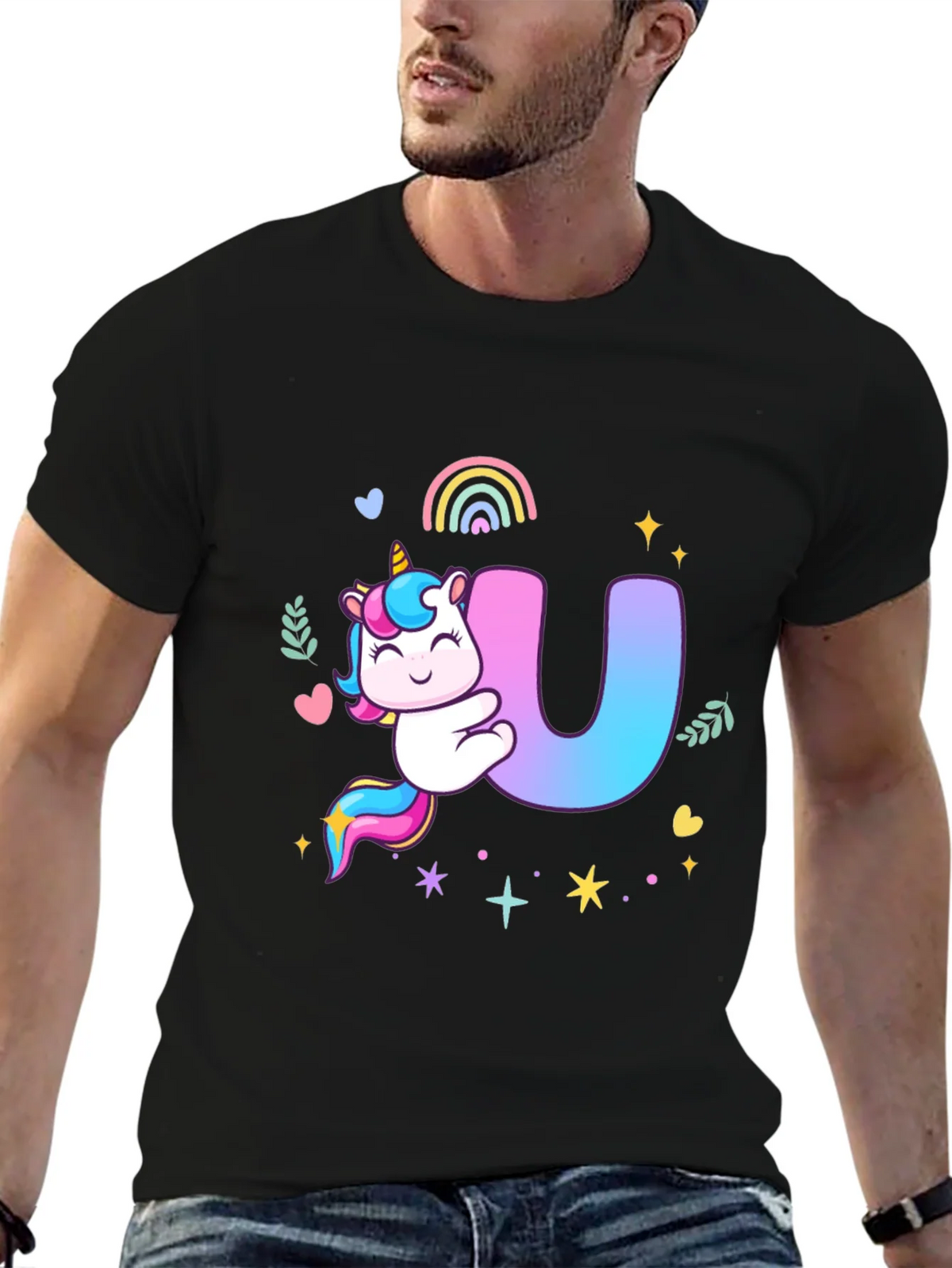 Unicorn U Initial Black T-Shirt product image 6