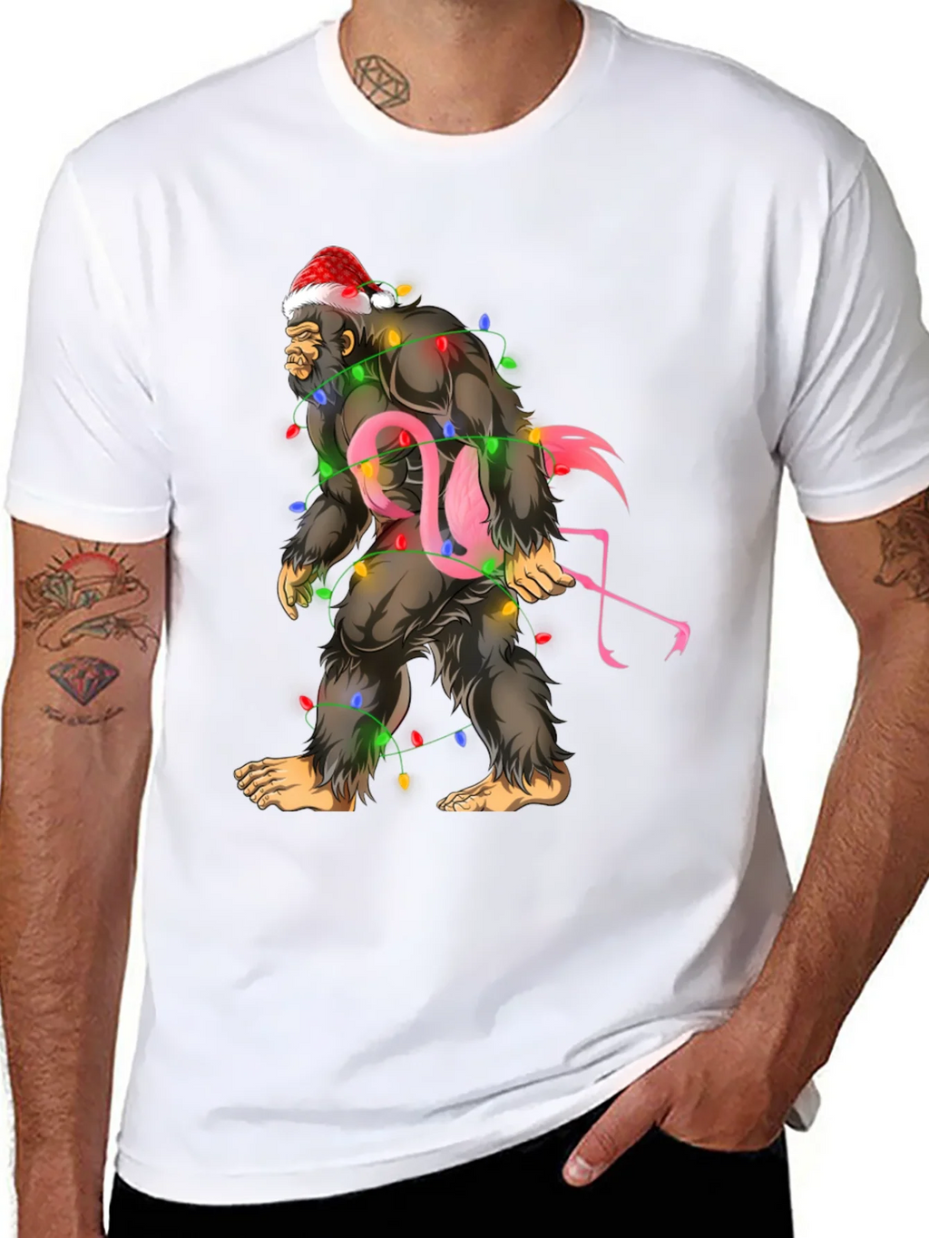 Sasquatch Flamingo Christmas Lights Graphic Tee product image 7