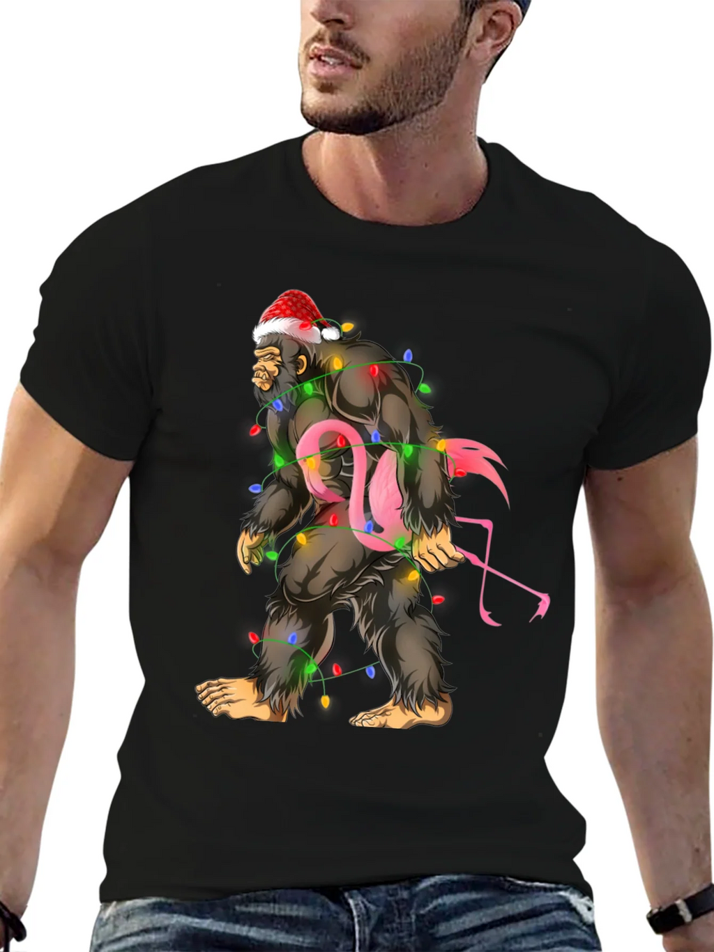 Sasquatch Flamingo Christmas Lights Graphic Tee product image 6